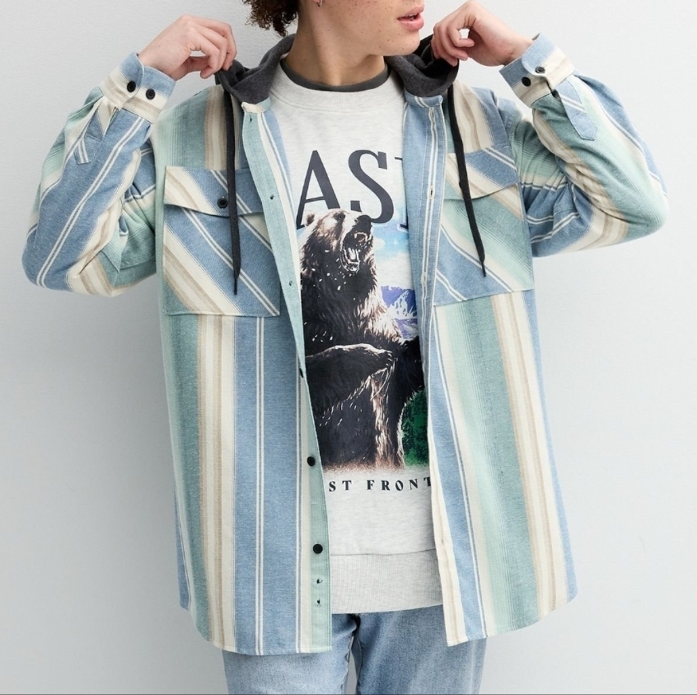 Trinity Coast Striped Hooded Flannel Shirt Blue Mint Green X-Large